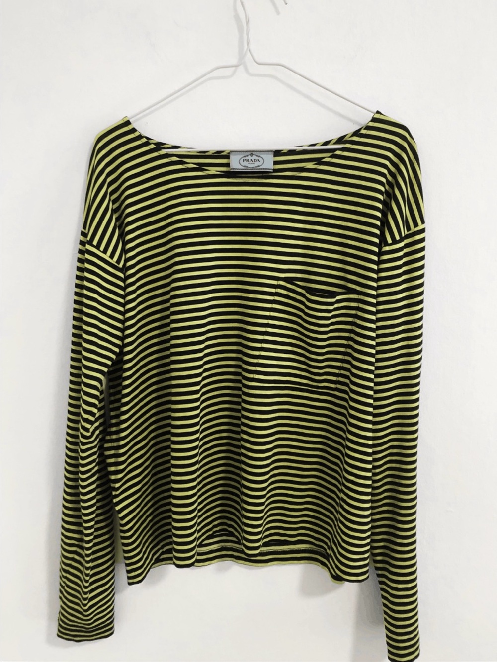 Prada Black and chartreuse Striped scoop neck  Long Sleeve Shirt